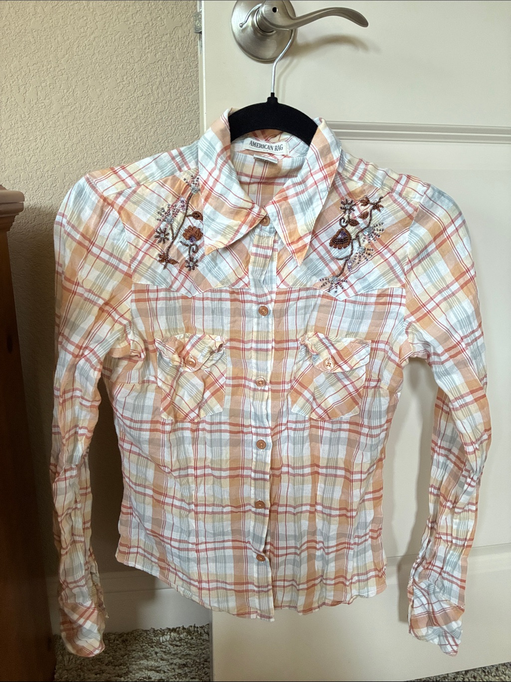 American Rag Peach, White & Blue Plaid Embroidered Button-Up Shirt